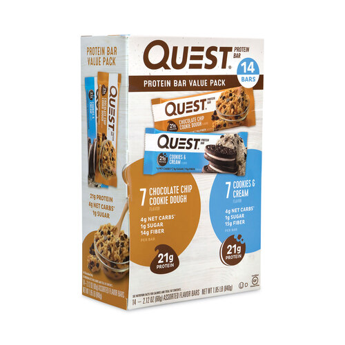 GRR22000966 - QUEST NUTRITION - Protein Bar Value Pack, Chocolate Chip Cookie Dough, Cookies and Cream, 2.12 oz Bar, 14/Carton, Ships in 1-3 Business Days