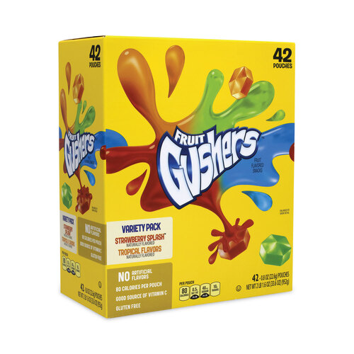 Fruit Gushers Fruit Snacks, Strawberry and Tropical Fruit Flavors, 0.8 oz, 42 Pouches/Carton, Ships in 1-3 Business Days