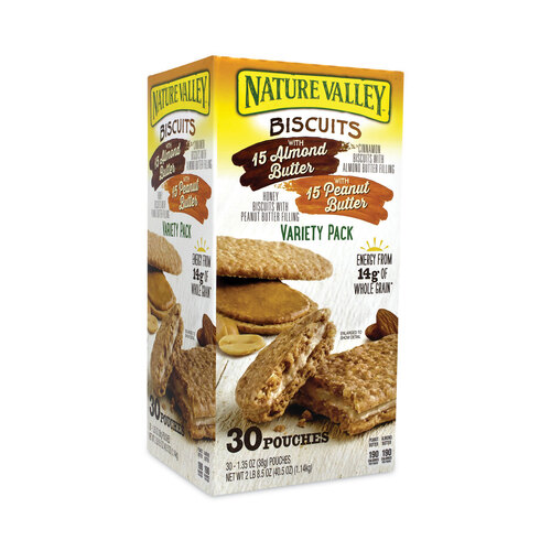 Biscuits, Cinnamon with Almond Butter/Honey with Peanut Butter, 1.35 oz Pouch, 30/Carton, Ships in 1-3 Business Days Biscuits, Cinnamon with Almond Butter/Honey with Peanut Butter, 1.35 oz Pouch, 30/Carton, Ships in 1-3 Business Days