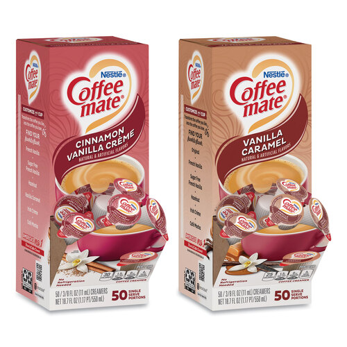 Liquid Coffee Creamer, Peppermint Mocha/Pumpkin Spice, 0.38oz Mini Cups, 50/PK, 4 PK/CT, Ships in 1-3 Business Days Liquid Coffee Creamer, Peppermint Mocha/Pumpkin Spice, 0.38oz Mini Cups, 50/PK, 4 PK/CT, Ships in 1-3 Business Days