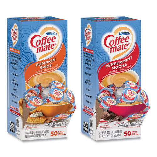 Liquid Coffee Creamer, Peppermint Mocha/Pumpkin Spice, 0.38oz Mini Cups, 50/PK, 4 PK/CT, Ships in 1-3 Business Days Liquid Coffee Creamer, Peppermint Mocha/Pumpkin Spice, 0.38oz Mini Cups, 50/PK, 4 PK/CT, Ships in 1-3 Business Days