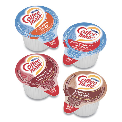 Liquid Coffee Creamer, Peppermint Mocha/Pumpkin Spice, 0.38oz Mini Cups, 50/PK, 4 PK/CT, Ships in 1-3 Business Days Liquid Coffee Creamer, Peppermint Mocha/Pumpkin Spice, 0.38oz Mini Cups, 50/PK, 4 PK/CT, Ships in 1-3 Business Days