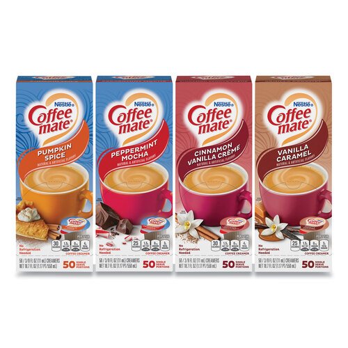 Liquid Coffee Creamer, Peppermint Mocha/Pumpkin Spice, 0.38oz Mini Cups, 50/PK, 4 PK/CT, Ships in 1-3 Business Days Liquid Coffee Creamer, Peppermint Mocha/Pumpkin Spice, 0.38oz Mini Cups, 50/PK, 4 PK/CT, Ships in 1-3 Business Days