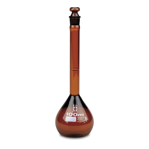 HSW2307A-100-CS - Heathrow Scientific - Heathrow Scientific Volumetric Flask, Amber, Class A, Glass Stopper, 100 mL