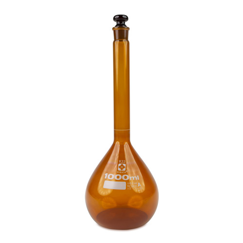 HSW2307A-1000-CS - Heathrow Scientific - Heathrow Scientific Volumetric Flask, Amber, Class A, Glass Stopper, 1000 mL