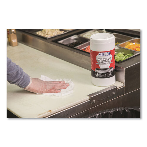No Rinse Food Surface Disinfectant Wipes, 1-Ply, 7 x 8, Unscented, White, 80/Canister, 6/Carton