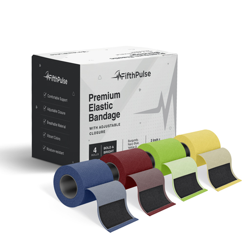 JEGFMN100520 - FifthPulse - Premium Elastic Bandages with Hook and Loop Closure, 3" Rolls, Navy Blue, Burgundy, Apple Green & Yellow, 4/PK