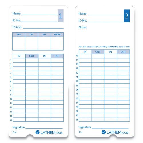 LTHE14100 - Lathem - Time Clock Cards for Lathem Time 400E, Two Sides, 3 x 7, 100/Pack