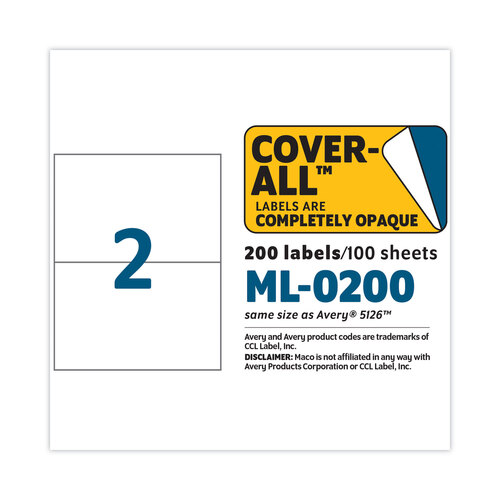 MACML0200 - Chartpak - Cover-All Opaque Laser/Inkjet Shipping Labels, Internet Format, 5.5 x 8.5, White, 2 Labels/Sheet, 100 Sheets/Box