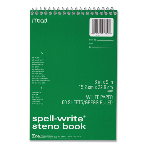 MEA43082 - Mead - Spell-Write Wirebound Steno Pad, Gregg Rule, Randomly Assorted Cover Colors, 80 White 6 x 9 Sheets