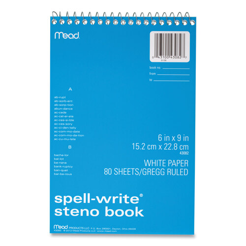 MEA43082 - Mead - Spell-Write Wirebound Steno Pad, Gregg Rule, Randomly Assorted Cover Colors, 80 White 6 x 9 Sheets