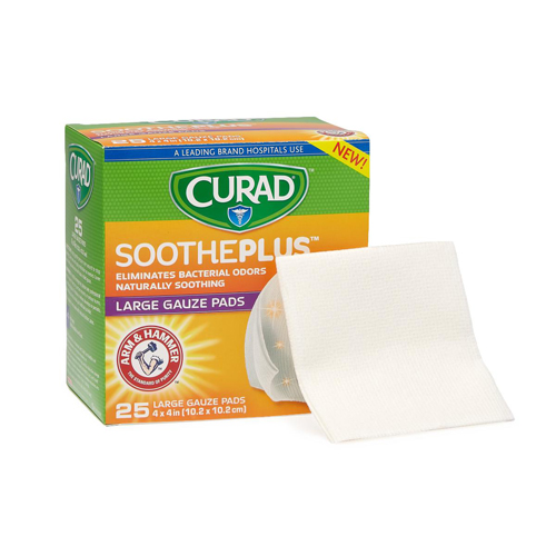 MEDCUR204425AH - Curad - Curad SoothePlus Gauze Pads with Arm and Hammer Baking Soda, 4" x 4", 25 EA/BX, 24/BX/CS