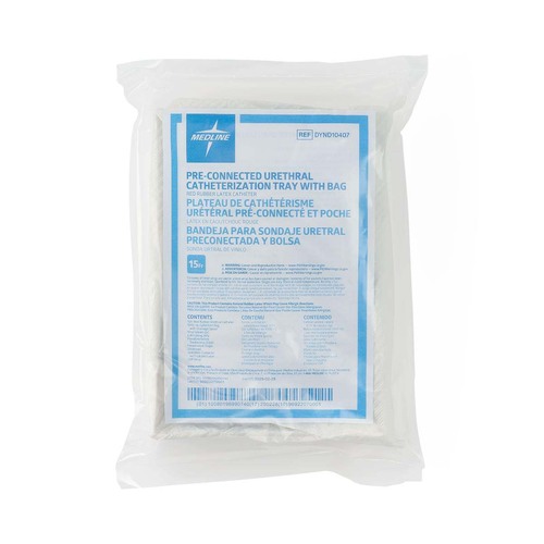 MEDDYND10407H - Medline - Intermittent/Urethral Insertion with 15 Fr Red Rubber Catheter, Pre-Connected Drain Bag, Compact Packaging