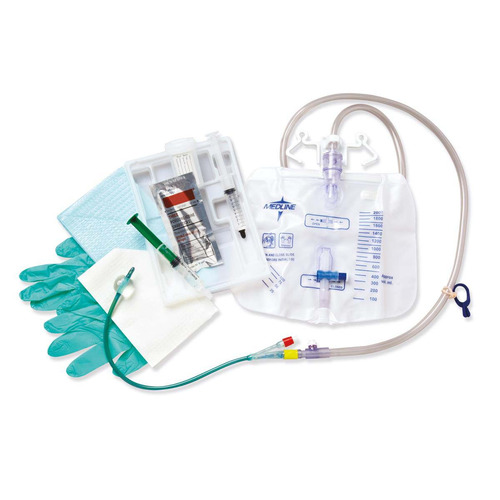 MEDDYND140214H - Medline - Two-Layer Tray with Drain Bag and Silvertouch 100% Silicone Foley Catheter, 14 Fr, 10 mL