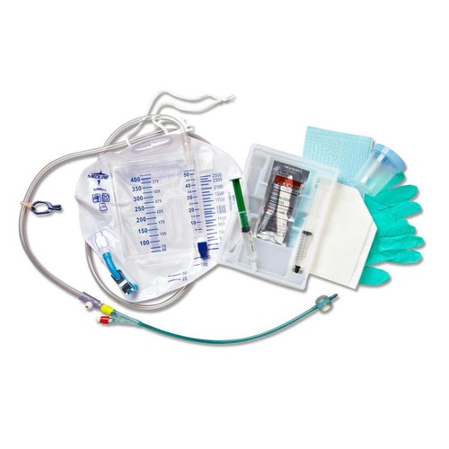 MEDDYND140416 - Medline - Two-Layer Tray with 400 mL Urine Meter with 2,500 mL Drain Bag and Silvertouch 100% Silicone Foley Catheter, 16 Fr, 10 mL