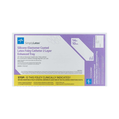 MEDDYND150114H - Medline - SimplyLatex 2 Layer Silicone-Elastomer Foley Catheter Tray with 2,000 mL Drain Bag with Anti-Reflux Tower, 14 Fr x 16" L, 10 mL