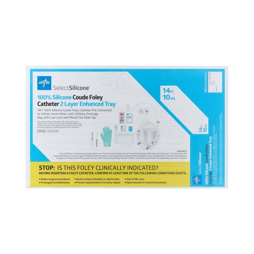 MEDDYND150814CS - Medline - Foley Silicone Catheter Tray with Urine Meter with 2500 mL Drainage Bag, Meta Free Slide Tap, Coud&copy;, 14 Fr x 10 mL