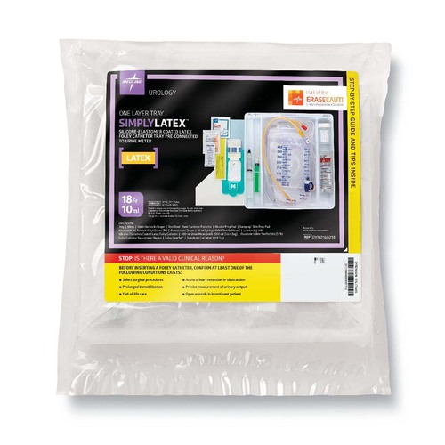 MEDDYND160218H - Medline - One-Layer Tray with 400 mL Urine Meter with 2,500 mL Drain Bag and Silicone-Elastomer Coated Latex Foley Catheter, 18 Fr, 10 mL