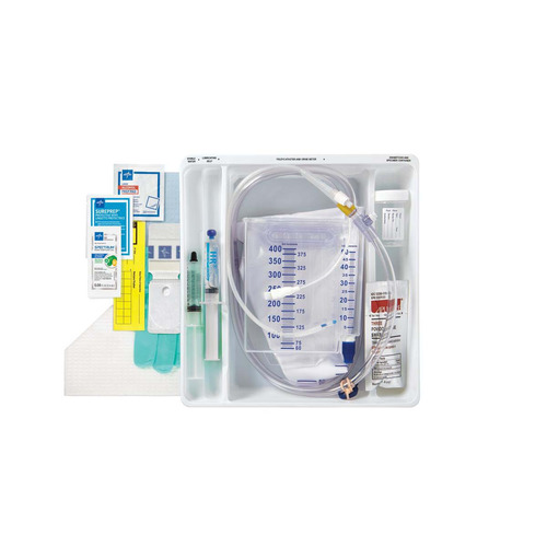 MEDDYND160812TH - Medline - 1-Layer Tray with 400 mL Urine Meter with 2,500 mL Drain Bag and 100% Temperature-Sensing Silicone Foley Catheter, 12 Fr, 10 mL