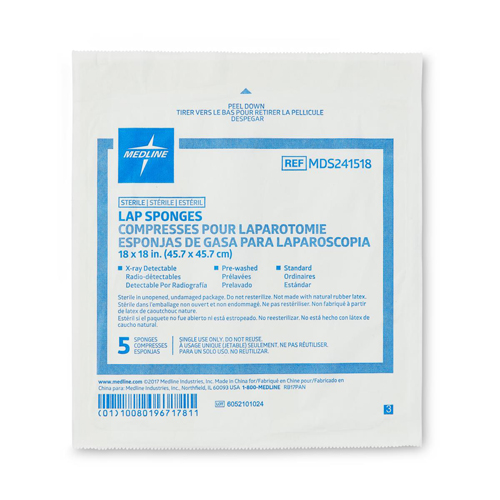 MEDMDS241518HH - Medline - Medline X-Ray Detectable Sterile Lap Sponge, 18" x 18", 5/Pack, 1/PK