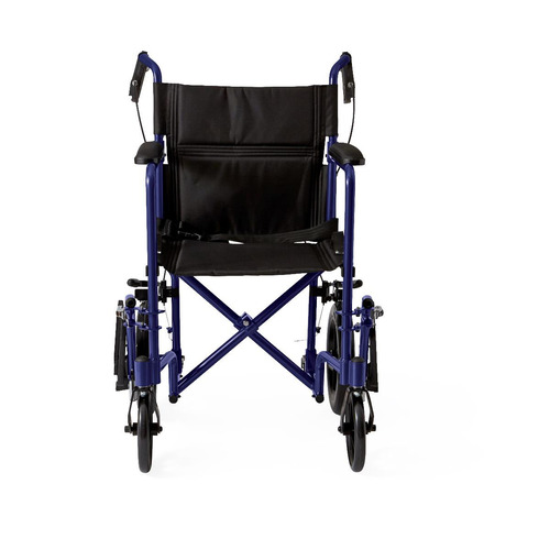 MEDMDS808210ABE - Medline - Basic Aluminum Transport Chair with Permanent Full-Length Arms, Swing-Away Footrests and 12" Wheels, Blue, 1/CS