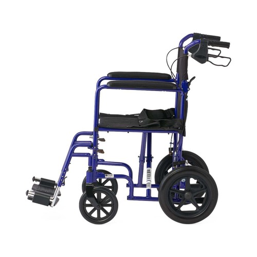 MEDMDS808210ABE - Medline - Basic Aluminum Transport Chair with Permanent Full-Length Arms, Swing-Away Footrests and 12" Wheels, Blue, 1/CS