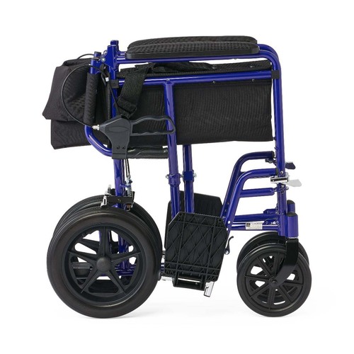 MEDMDS808210ABE - Medline - Basic Aluminum Transport Chair with Permanent Full-Length Arms, Swing-Away Footrests and 12" Wheels, Blue, 1/CS