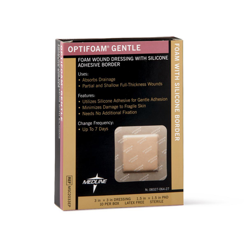 MEDMSC2033EP - Medline - Medline Optifoam Gentle Foam Wound Dressing with Silicone Adhesive Border, 3" x 3", in Educational Packaging