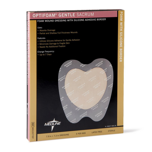 MEDMSC2077EP - Medline - Medline Optifoam Gentle Foam Wound Dressing with Silicone Adhesive Border, 8" x 7" Sacrum, in Educational Packaging, 50 EA/CS