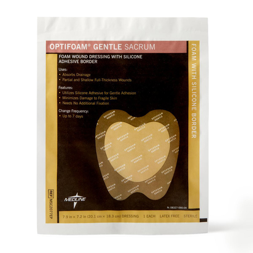 MEDMSC2077EPH - Medline - Medline Optifoam Gentle Foam Wound Dressing with Silicone Adhesive Border, 8" x 7" Sacrum, in Educational Packaging, 1/EA