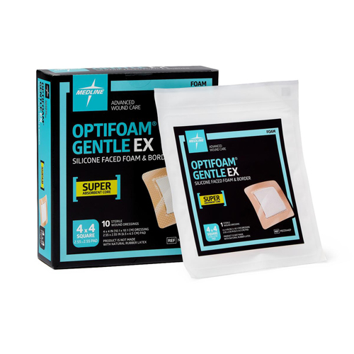 MEDMSCEX44EP - Medline - Medline Optifoam Gentle EX Bordered Foam Dressing, 4" x 4", in Educational Packaging