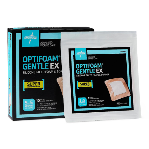 MEDMSCEX55EPZ - Medline - Medline Optifoam Gentle EX Bordered Foam Dressing, 5" x 5", in Educational Packaging