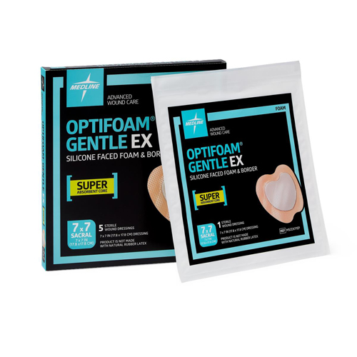 MEDMSCEX77EPZ - Medline - Medline Optifoam Gentle EX Sacrum Foam Dressing, 7" x 7", in Educational Packaging