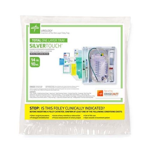 MEDURO175514S - Medline - SilverTouch 1 Layer Silicone Foley Catheter Tray with 400 mL Urine Meter and 2,500 Drain Bag with Slide Tap Drain Port, 14 Fr x 16" L, 10 mL