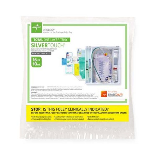 MEDURO175516S - Medline - SilverTouch 1 Layer Silicone Foley Catheter Tray with 400 mL Urine Meter and 2,500 Drain Bag with Slide Tap Drain Port, 16 Fr x 16" L, 10 mL