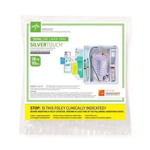 MEDURO175518S - Medline - SilverTouch 1 Layer Silicone Foley Catheter Tray with 400 mL Urine Meter and 2,500 Drain Bag with Slide Tap Drain Port, 18 Fr x 16" L, 10 mL