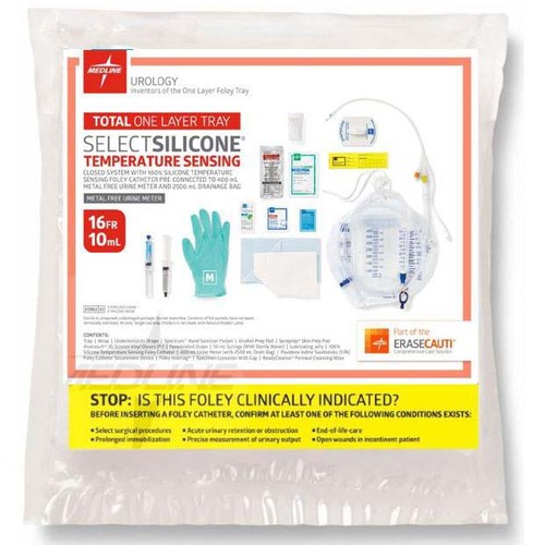 MEDURO175816TS - Medline - Snapsecure 1-Layer Foley Catheter Tray, Temp Sensing Catheter, 100% Silicone, Urine Meter, 16 Fr, 10 mL