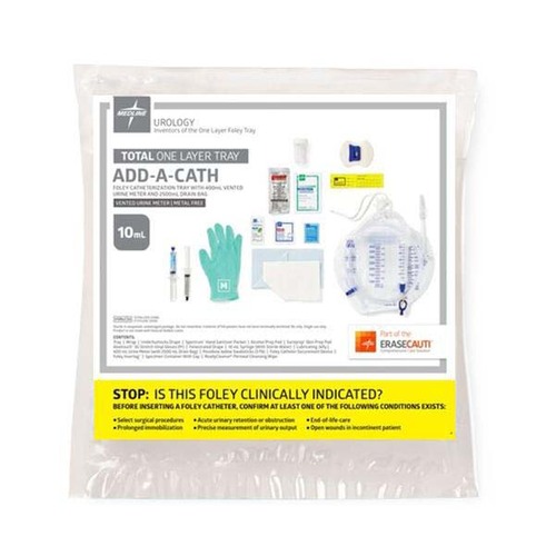 MEDURO180200S - Medline - Total One-Layer Add-A-Cath Tray with 400 mL Urine Meter, 2,500 mL Drain Bag with Metal-Free Drainage Port, Peri Wipe, Vented Tubing