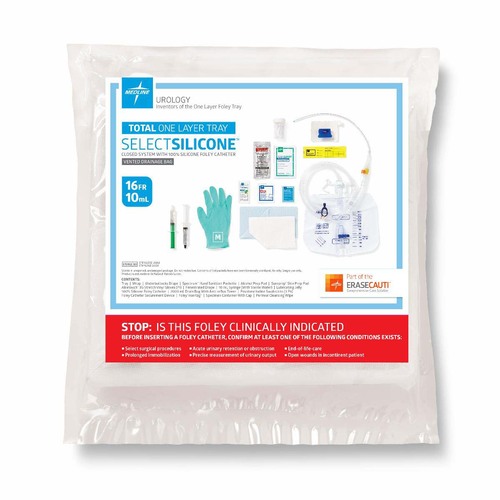 MEDURO180716H - Medline - Total Single Layer 100% Silicone Foley Catheter Tray with SnapSecure Device, Drain Bag and Vented Tubing, 16 Fr x 17" L, 10 mL