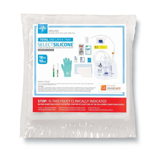 MEDURO180718H - Medline - Total Single Layer 100% Silicone Foley Catheter Tray with SnapSecure Device, Vented Tubing, Drain Bag and Peri-Care Wipe, 18 Fr x 17" L, 10 mL