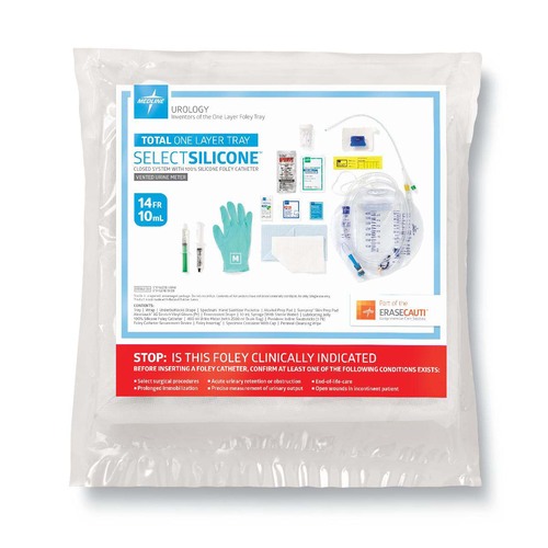 MEDURO180814H - Medline - Total Single Layer 100% Silicone Foley Catheter Tray with SnapSecure Device, 400 mL Urine Meter, 2,500 mL Drain Bag, Vented Tubing and Peri-Care Wipe, 14 Fr x 17" L, 10 mL