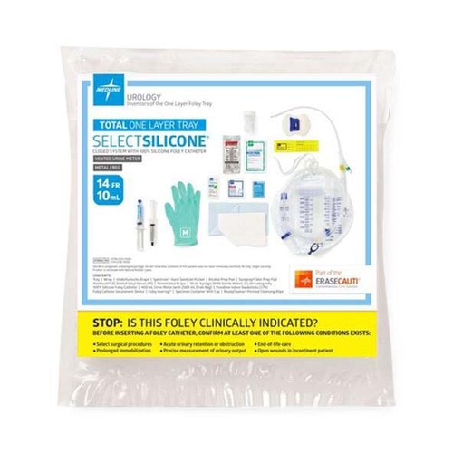 MEDURO180814S - Medline - Total Single Layer 100% Silicone Foley Catheter Tray with SnapSecure Device, 400 mL Urine Meter, 2,500 mL Drain Bag, Vented Tubing and Peri-Care Wipe, 14 Fr, 10 mL