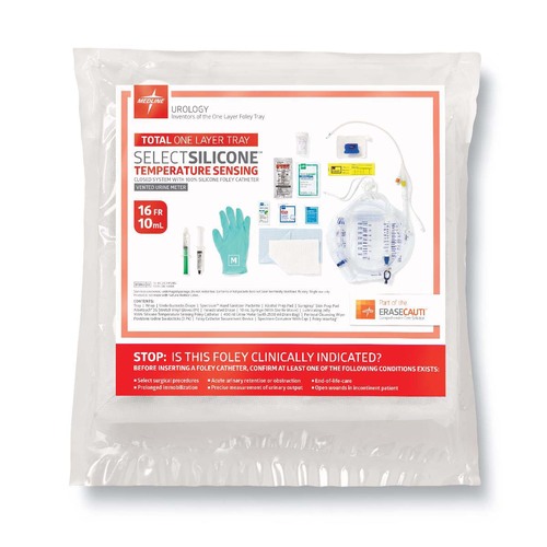 MEDURO180816TS - Medline - Total Single Layer Temperature-Sensing 100% Silicone Catheter Tray with Peri-Care Wipe, 400 mL Urine Meter, 2,500 mL Drain Bag, SnapSecure Device and Vented Tubing, 16 Fr x 16" L, 10 mL