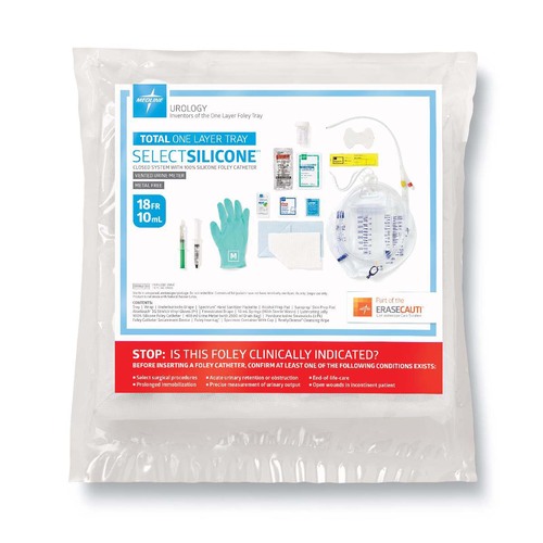 MEDURO180818S - Medline - Total Single Layer 100% Silicone Foley Catheter Tray with SnapSecure Device, 400 mL Urine Meter, 2,500 mL Drain Bag, Vented Tubing and Peri-Care Wipe, 18 Fr x 17" L, 10 mL