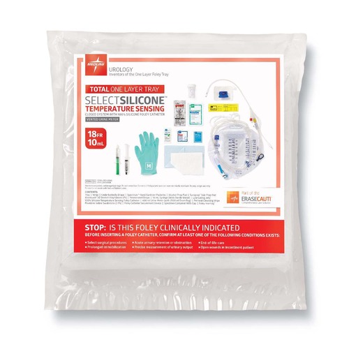 MEDURO180818T - Medline - Total Single Layer Temperature-Sensing Foley Catheter Tray with 400 mL Urine Meter, 2,500 mL Drain Bag, Peri-Care Wipe, Vented Drainage and SnapSecure Device, 18 Fr x 17" L, 10 mL
