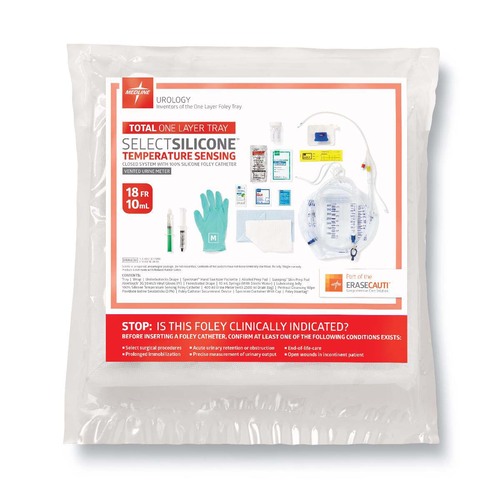 MEDURO180818TS - Medline - Total Single Layer 100% Silicone Foley Catheter Tray with SnapSecure Device, 400 mL Urine Meter, 2,500 mL Drain Bag, Vented Tubing and Peri-Care Wipe, 18 Fr x 16" L, 10 mL