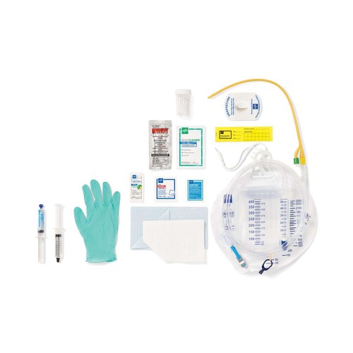 MEDURO185214 - Medline - Single Layer Latex Foley Catheter Tray with SnapSecure Device, 400 mL Urine Meter, 2,500 mL Drain Bag and Peri-Care Wipe, 14 Fr x 16" L, 10 mL