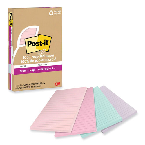 Post-it® Recycled Super Sticky Notes, 3 in x 3 in, Wanderlust Pastels  Collection, 6 Pads/Pack