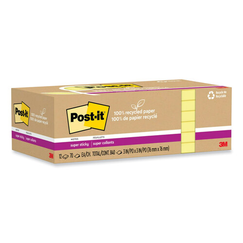 MMM654R12SSCY - 3M - 100% Recycled Paper Super Sticky Notes, 3&quot; x 3&quot;, Canary Yelow, 70 Sheets/Pad, 12 Pads/Pack