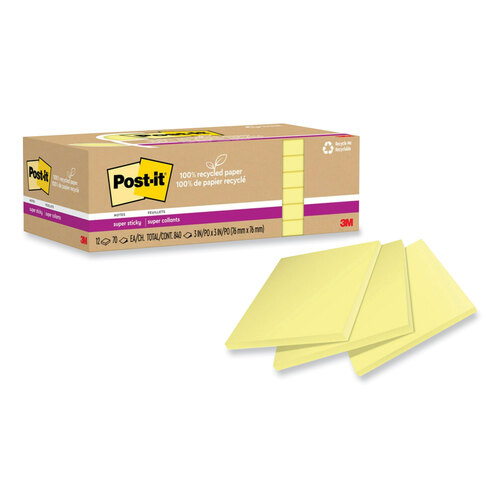 MMM654R12SSCY - 3M - 100% Recycled Paper Super Sticky Notes, 3&quot; x 3&quot;, Canary Yelow, 70 Sheets/Pad, 12 Pads/Pack
